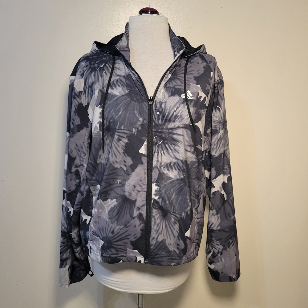Adidas (Women's M) Black Monochrome Floral Zip-Up Track Top Jacket Hoodie